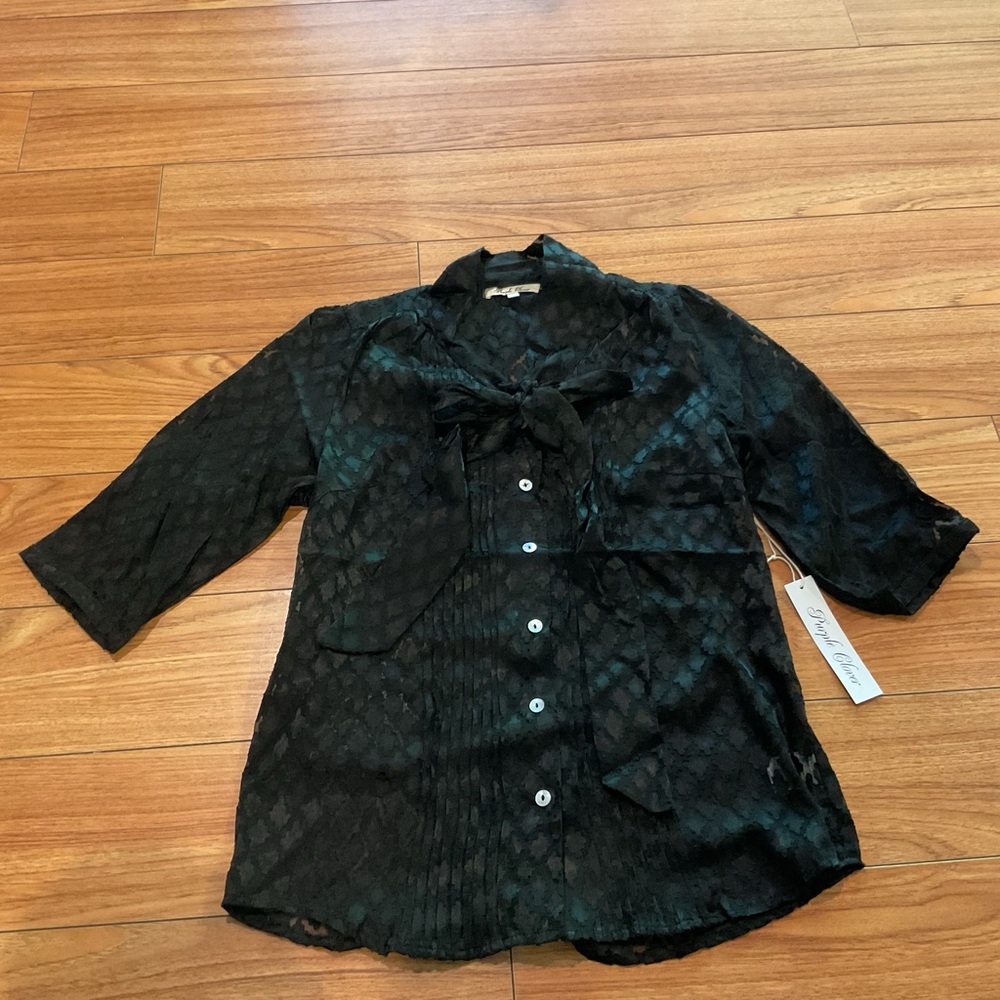 Purple Clover Black Sheer Silk Blouse